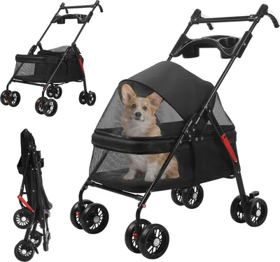 Produktbild von Haustierbuggy mit 4 Rädern, faltbarer Reise-Hundebuggy mit verstellbarem Griff, atmungsaktivem und transparentem Netzgewebe, Becherhalter für kleine und mittelgroße Hunde und Katzen bis 10 kg