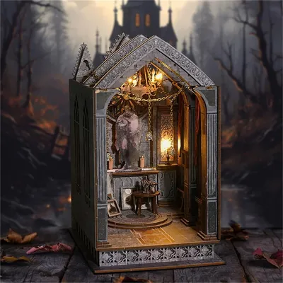 Produktbild von DIY Book Nook - Regaleinsatz Bausatz SL-16 - 3D-Puzzle - Miniatur-Puppenhaus - ABS-Kunststoff - LED-Licht - 11×18,2×22 cm - Ab 14 Jahren - Schwarz