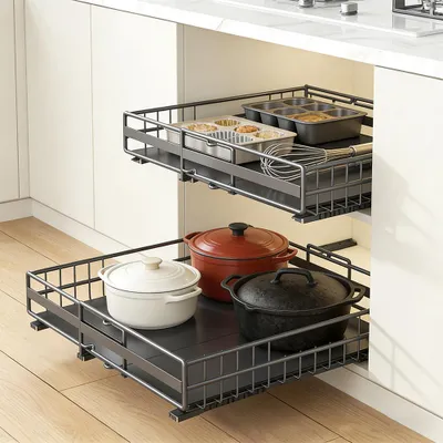 Produktbild von 2x Teleskopschublade,Ausziehbare Schublade Küche mit Selbstklebende,Ausziehbarer Schrank Organizer,Schubladen Organizer Kein Bohren(31-49cm+32-51cm)