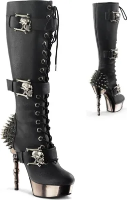 A pair of black platform boots with silver skull and bone accents and spikes.