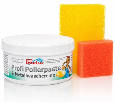 Produktbild von Pastaclean Profi Polierpaste 500 g mit 2 Schwämmen – Metallwaschcreme für Edelstahl, Chrom & Keramik, gegen Kalk, Oxidation & Grauschleier