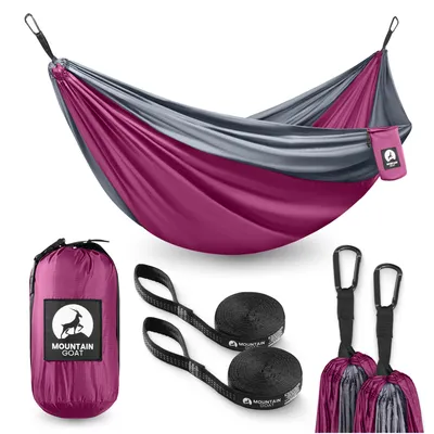 Produktbild von MOUNTAIN GOAT Trekking-Hängematte, für 2 Personen, 1,3 kg, inkl. Gurte und Karabiner, grau-rosa