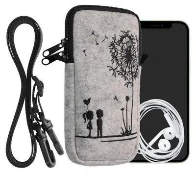 Produktbild von kwmobile Handytasche für Smartphones XL - 6,7/6,8" - Filz Handy Hülle Schwarz Hellgrau - Handy Tasche mit Kette 17,2 x 8,4 cm Innenmaße - Pusteblume
