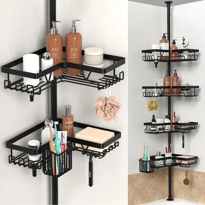 Immagine prodotto di Unyqoos® Mensola regolabile per doccia con asta telescopica, nera, senza fori, regolabile in altezza da 63,5 a 290 cm – 4 cesti, portaspazzolino e ganci, acciaio inossidabile
