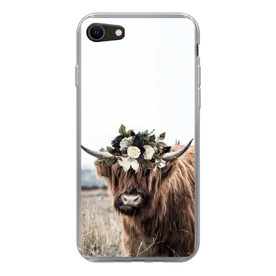 Produktbild von MuchoWow® Handyhülle Schutzhülle Hülle für iPhone SE 2020 Schottischer Highlander - Blumen - Tiere Silikon Softcase Handy Hülle - Kartenbesitzer