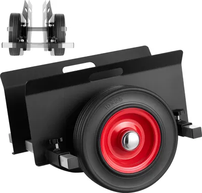 A black furniture dolly with a large red wheel and silver hub, shown from a slightly angled front view. A smaller inset image shows a similar dolly from a top-down perspective.