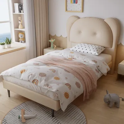 Produktbild von STILVORA 90x200 Kinderbett mit Niedliches Kopfteil in Tierform,Polsterbett mit Eisenrahmen und Lattenroste,Einzelbett Polyurethanfür Kinder und Jugend,ohne Matratze,Beige