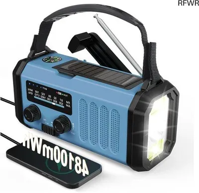 Image de Radio d'urgence avec dynamo et énergie solaire - radio AM/FM portable pour situations d'urgence, avec station de recharge, lampe de poche et alarme SOS