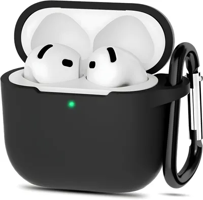 A black silicone case for Apple AirPods with the AirPods inside.