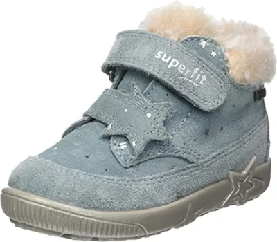A single blue winter boot for children with white stars and beige fur trim.