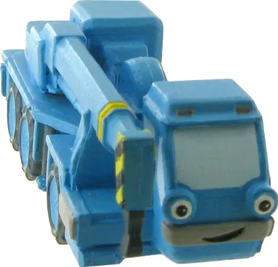 A blue toy crane truck with a friendly face.