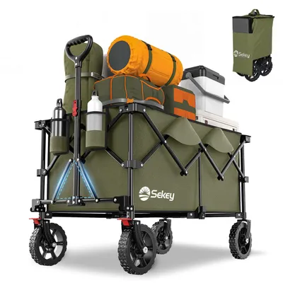 A green folding wagon filled with camping gear, including sleeping bags and a cooler, displayed on a white background.