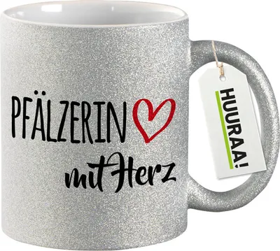 Produktbild von Huuraa Glitzertasse Pfälzerin mit Herz 330ml Silber Keramik Kaffeebecher Geschenkidee