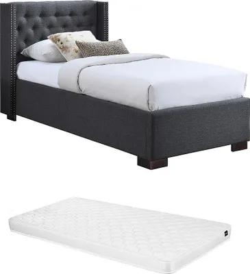 Produktbild von Bett mit gestepptem Kopfteil - 90 × 200 cm - grauer Stoff - mit Matratze - MASSIMO II