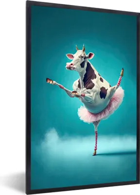 Produktbild von MuchoWow® Gerahmtes Poster Kuh - Ballett - Porträt - Blau - Tiere 40x60 cm - Poster mit Schwarzem Bilderrahmen Wandposter Rahmen Foto Bilder - Papierdruck - Wandbilder
