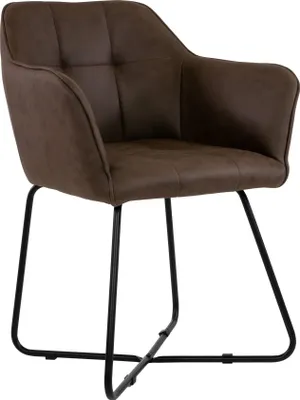 A brown armchair with black metal legs against a white background.
