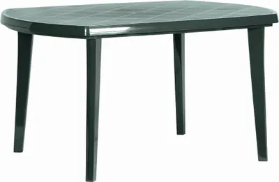 A dark green plastic garden table with four legs, shown on a white background.