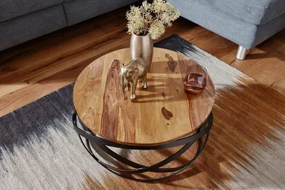 Produktbild von FineBuy Couchtisch Sheesham Massivholz rund Ø 60 cm 30 cm hoch – Wohnzimmertisch mit Metallgestell | Design Tisch im Industrial Stil | handgefertigt