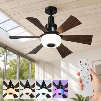 Immagine prodotto di Ventilatore da soffitto a LED da 52 cm con illuminazione E27 RGB, funzione musicale, telecomando tramite app, motore brushless da 40 W silenzioso, 6 velocità e testa inclinabile