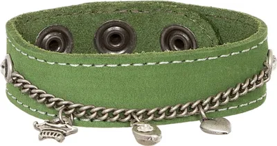 Produktbild von Grünes Velourarmband aus Nappaleder, 23x2 cm, mit Druckknöpfen, silberner Kette & filigranen Anhängern, verstellbar