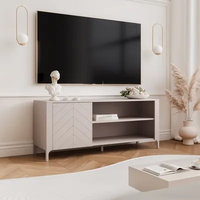 Produktbild von IDOHOME-TV-Schrank LORIEN 135 cm TV-Lowboard Kaschmir Lowboard TV-Möbel mit Metallbeine Fernsehtisch Soft-Close Fischgrätenmuster