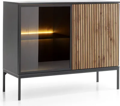 Zdjęcie produktu dla BETTSO Stylowa komoda przeszklona do salonu z oświetleniem LED SENTINO 104cm Czarny + dąb wotan