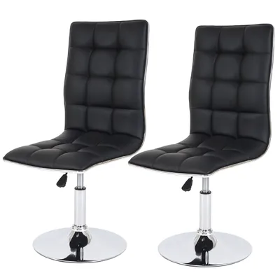 Two black dining chairs with chrome bases against a white background.