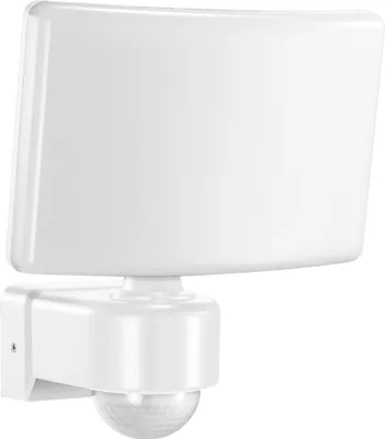 A white outdoor LED spotlight with a motion sensor.