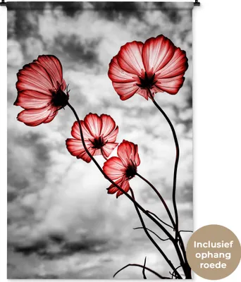Produktbild von MuchoWow® Wandteppich Wandbehang Blumen - Schwarz - Weiß - Rot 120x180 cm Tapisserie Dekoration Wandtuch - Schlafzimmer - Dekorationen für das Haus