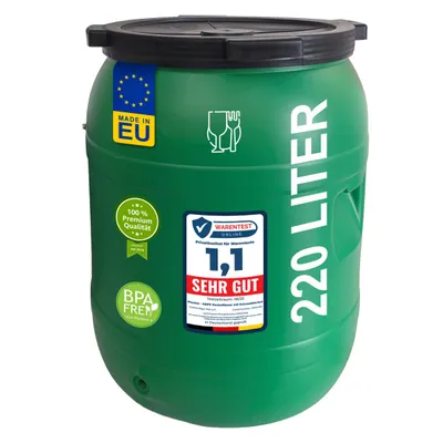 Produktbild von plasteo Weithalsfass 220 L Deckelfass lebensmittelecht – stabiles HDPE Universalfass mit Schraubverschluss, für Futter, Lagerung und Transport, grün