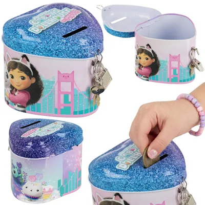Produktbild von Gabby’s Dollhouse herzförmige Spardose aus Metall mit Vorhängeschloss für Mädchen, 8 x 10 cm