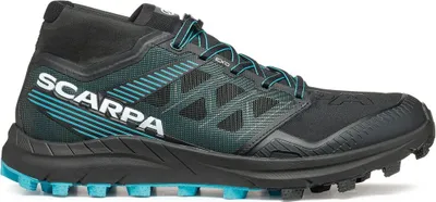 Trailrunning-Schuhe "Spin ST" von Scarpa in Schwarz und Türkis mit rutschfester Sohle.