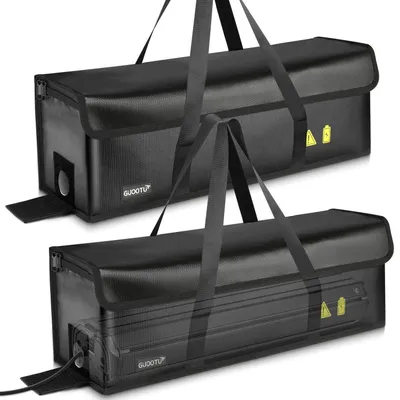 Immagine prodotto di 2 custodie per batterie di e-bike, resistenti al fuoco (fino a 2300°C), impermeabili, antideflagranti, con 6 strati, dimensioni 49x15x15 cm