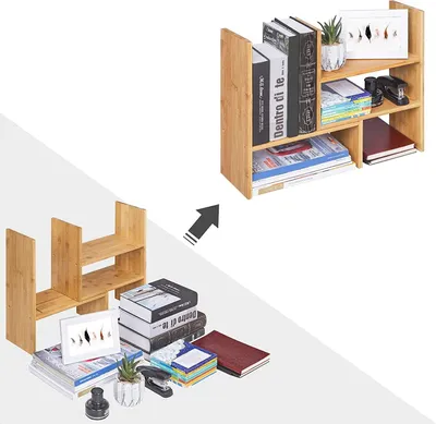 Image de SONGMICS Bibliothèque, 3 systèmes de rangement réglables Organisateur de table, étagère de table DIY peu encombrante, étagère sur pied, bureau, cuisine, salle de bain, bambou naturel OFS45NL