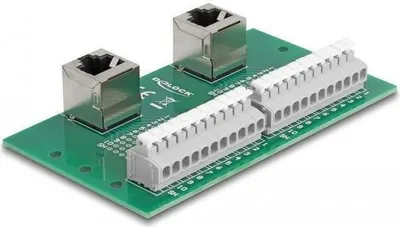 Produktbild von Delock RJ50 2 x Buchse zu 2 x Terminalblock mit Drucktaster für Hutschiene gewinkelt
