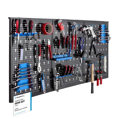 Produktbild von AREBOS Werkzeugwand 3-teilige Lochwand | 17-teiliges Hakenset & Halterungen | 117,6 x 59,5 x 2 cm | Werkzeuglochwand inkl. Montagematerial | Blau
