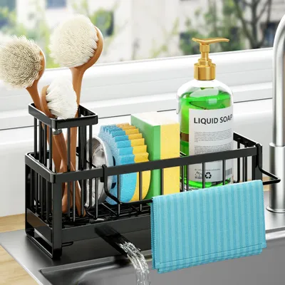 Produktbild von Küchenarbeitsplatten-Organizer mit Schwammhalter – Selbstentleerender Arbeitsplatten-Organizer mit Bürsten- und Geschirrtuchhalter, Spülmittel-Organizer aus Edelstahl zur Aufbewahrung und Organisation in der Küche