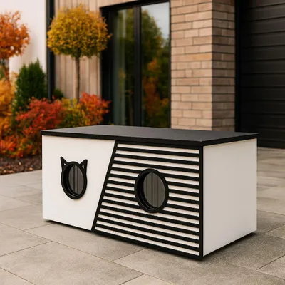 Produktbild von QLS Katzenhaus Outdoor XXL 85x45x37,5cm isoliert wetterfest mit Vorhang Weiß 11399