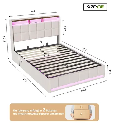 Image de Lit rembourré 140x200 cm - Coffre de lit intégré - Éclairage LED - Port de charge USB - Structure en bois - Beige
