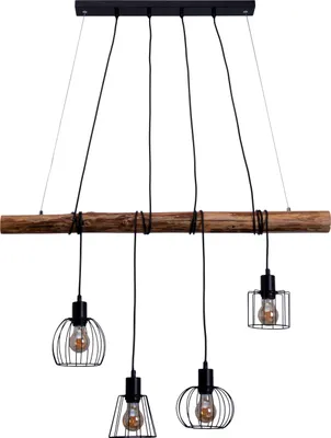 Produktbild von Näve Leuchten 4er Pendelleuchte "WOODLAND" L: 100cm 4er Pendelleuchte "WOODLAND" L: 100cm Pendelleuchte - 4er Pendelleuchte "WOODLAND", Hängelampe im Industrial Style, ausMetall und Naturmaterialien in schwarz, 150 cm hoch, Maße 100 x 13 cm, E27-Fassung
