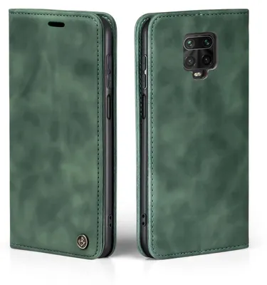 A green flip case for a smartphone, shown from the front and back.