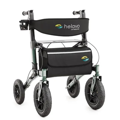 Produktbild von Helavo Outdoor Rollator mit Luftbereifung – Faltbarer Rollator mit Sitz & Rückenlehne für den Außenbereich, Grün