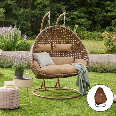 Produktbild von HOME DELUXE - Hängesessel TWIN - Braun, Höhe 195 cm - inkl. Regenabdeckung, Gestell, Sitz- und Rückenkissen I Polyrattan Hängestuhl Gartenschaukel Hängekorb
