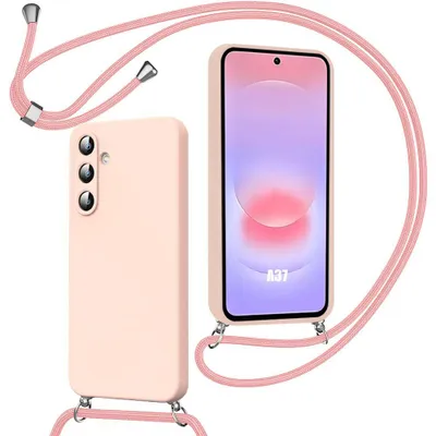 Image de Coque pour Samsung Galaxy A37 5G, Silicone Liquide Antichoc Anti-Rayures avec Cordon Rose
