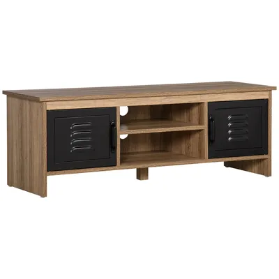 Image de HOMCOM Meuble TV Banc TV 110 cm Design Industriel, avec 2 placards, 2 niches, 2 Passe-Fils, Aspect Bois veinage Portes métal Noir