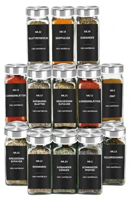 Produktbild von 24er-Set Gewürzgläser Set, Glas Gewürzdosen mit Silberdeckel, Etiketten, luftdicht, Küchen Organizer