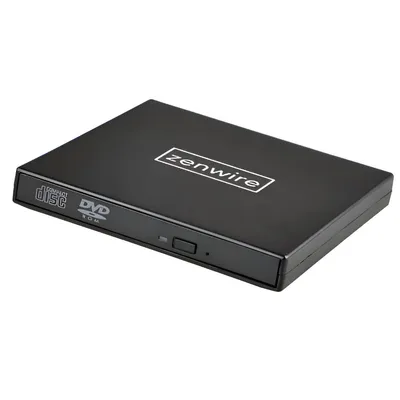 A black external CD/DVD drive is shown on a white background.