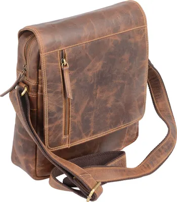 Produktbild von Braune Leder Umhängetasche 29x26x10cm mit Reißverschluss, verstellbarem Riemen und Handyfach