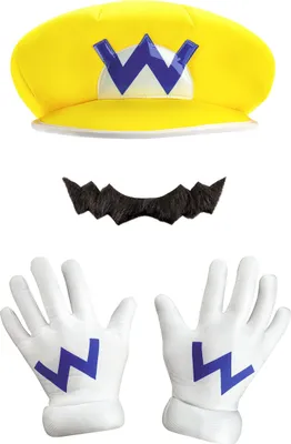 A Wario costume set including a hat, mustache, and gloves, laid out against a white background.