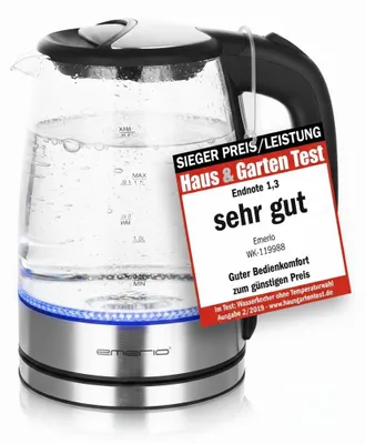 Produktbild von Emerio Glas Wasserkocher mit max. 1.7 Liter | SIEGER PREIS & LEISTUNG vom Haus & Garten Test 02/2019 | LED Innenbeleuchtung | 360° Basis | 2200W